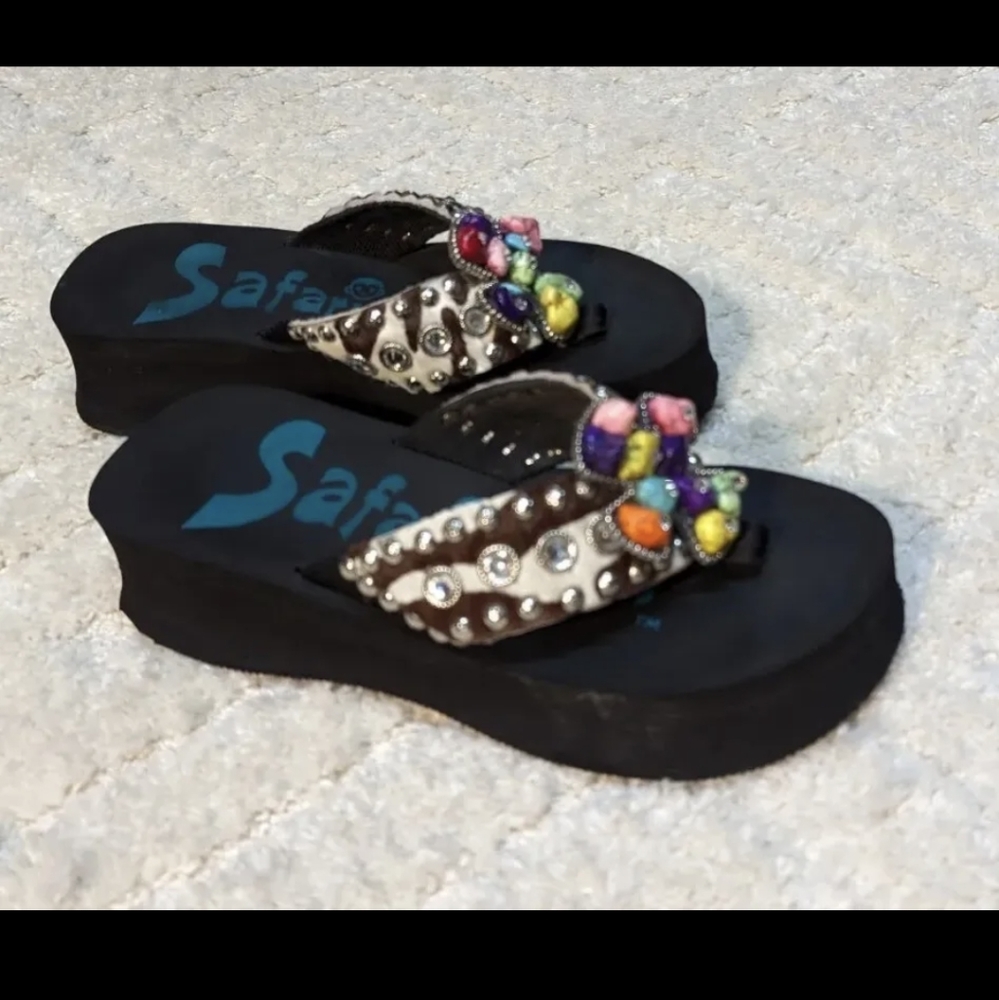 Safari Girl Wedge Flip Flops Handbeaded w/ Multicolor Beads & Rhinestone…